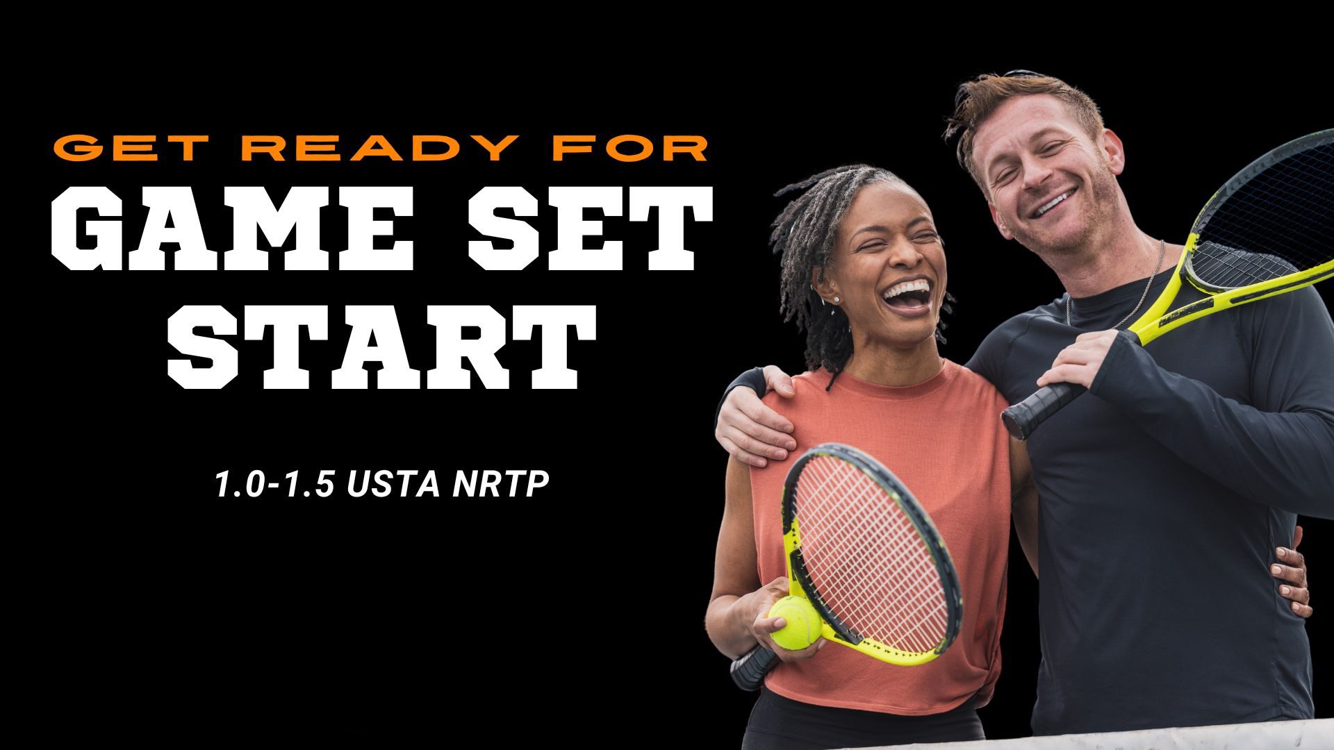 Smiling couple holding tennis rackets